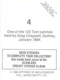 1984 Scanlens Cricket Stickers #4 Greg Chappell Back