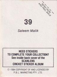 1984 Scanlens Cricket Stickers #39 Saleem Malik Back