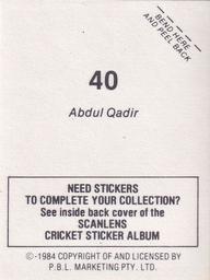 1984 Scanlens Cricket Stickers #40 Abdul Qadir Back
