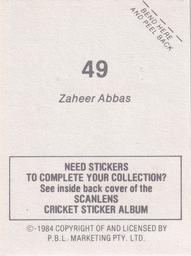 1984 Scanlens Cricket Stickers #49 Zaheer Abbas Back