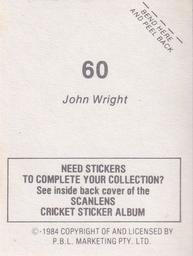 1984 Scanlens Cricket Stickers #60 John Wright Back