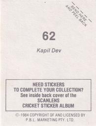 1984 Scanlens Cricket Stickers #62 Kapil Dev Back