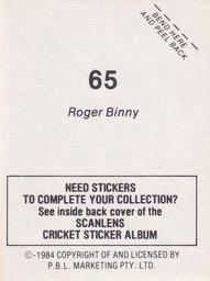 1984 Scanlens Cricket Stickers #65 Roger Binny Back