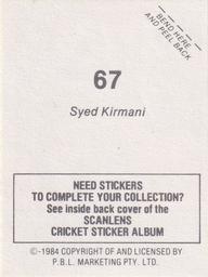 1984 Scanlens Cricket Stickers #67 Syed Kirmani Back