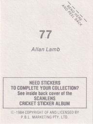1984 Scanlens Cricket Stickers #77 Allan Lamb Back
