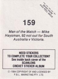1984 Scanlens Cricket Stickers #159 Mike Haysman Back