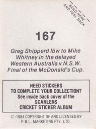 1984 Scanlens Cricket Stickers #167 Greg Shipperd / Mike Whitney Back