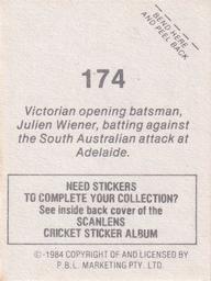 1984 Scanlens Cricket Stickers #174 Julien Wiener Back
