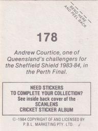 1984 Scanlens Cricket Stickers #178 Andrew Courtice Back