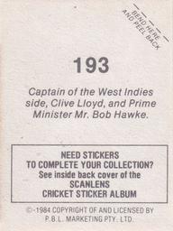 1984 Scanlens Cricket Stickers #193 Clive Lloyd / Bob Hawke PM Back