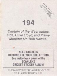 1984 Scanlens Cricket Stickers #194 Clive Lloyd / Bob Hawke PM Back