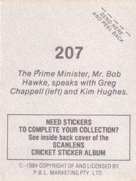 1984 Scanlens Cricket Stickers #207 Greg Chappell / Kim Hughes / Bob Hawke PM Back