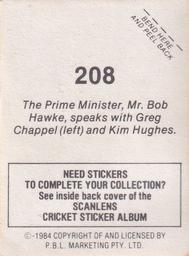 1984 Scanlens Cricket Stickers #208 Greg Chappell / Kim Hughes / Bob Hawke PM Back