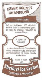 1984 Shelley's Ice Cream Essex County Cricket Champions #17 John Lever Back