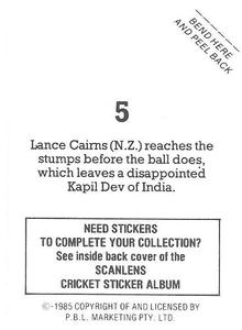 1985 Scanlens Cricket Stickers #5 Lance Cairns Back
