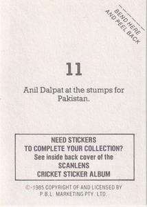 1985 Scanlens Cricket Stickers #11 Anil Dalpat Back