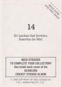 1985 Scanlens Cricket Stickers #14 Asantha de Mel Back