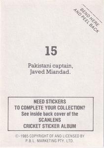 1985 Scanlens Cricket Stickers #15 Javed Miandad Back