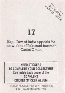 1985 Scanlens Cricket Stickers #17 Kapil Dev / Qasim Omar Back