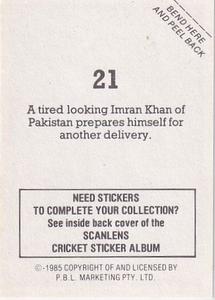 1985 Scanlens Cricket Stickers #21 Imran Khan Back