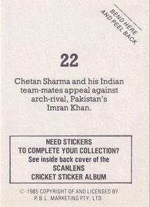 1985 Scanlens Cricket Stickers #22 Chetan Sharma / Imran Khan Back