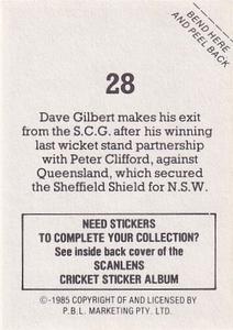 1985 Scanlens Cricket Stickers #28 Dave Gilbert Back