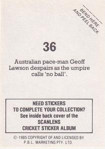 1985 Scanlens Cricket Stickers #36 Geoff Lawson Back
