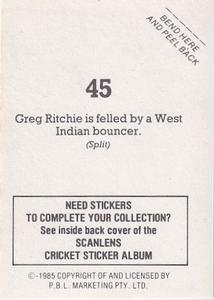 1985 Scanlens Cricket Stickers #45 Greg Ritchie Back
