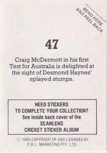 1985 Scanlens Cricket Stickers #47 Craig McDermott Back