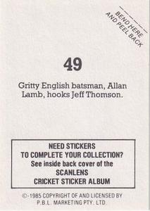 1985 Scanlens Cricket Stickers #49 Allan Lamb / Jeff Thomson Back