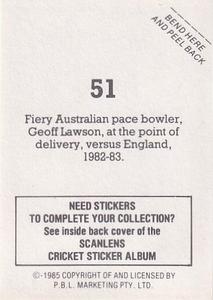 1985 Scanlens Cricket Stickers #51 Geoff Lawson Back