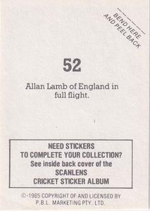 1985 Scanlens Cricket Stickers #52 Allan Lamb Back