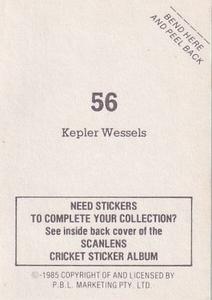 1985 Scanlens Cricket Stickers #56 Kepler Wessels Back