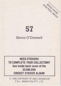 1985 Scanlens Cricket Stickers #57 Simon O'Donnell Back