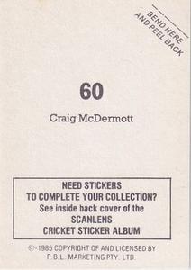 1985 Scanlens Cricket Stickers #60 Craig McDermott Back