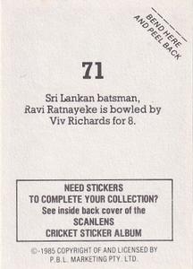 1985 Scanlens Cricket Stickers #71 Ravi Ratnayeke Back