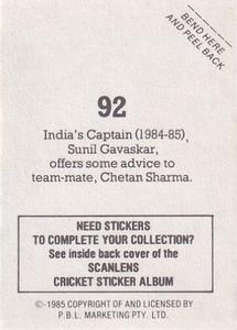 1985 Scanlens Cricket Stickers #92 Sunil Gavaskar / Chetan Sharma Back