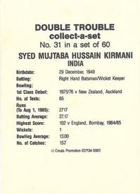 1985-86 A.P.D. Snack Foods Double Trouble Cricket #31 Syed Mujtaba Hussain Kirmani Back