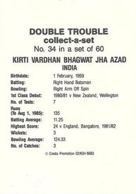 1985-86 A.P.D. Snack Foods Double Trouble Cricket #34 Kirti Vardhan Bhagwat Jha Azad Back