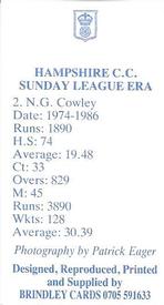 1987 John M. Brindley Hampshire Sunday League Era Cricket #2 Nigel Cowley Back