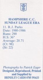 1987 John M. Brindley Hampshire Sunday League Era Cricket #11 Bobby Parks Back
