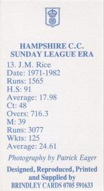 1987 John M. Brindley Hampshire Sunday League Era Cricket #13 John Rice Back