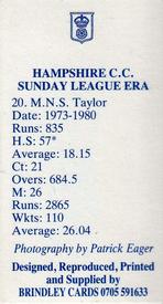 1987 John M. Brindley Hampshire Sunday League Era Cricket #20 Mike Taylor Back