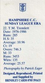 1987 John M. Brindley Hampshire Sunday League Era Cricket #22 Tim Tremlett Back
