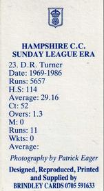 1987 John M. Brindley Hampshire Sunday League Era Cricket #23 David Turner Back