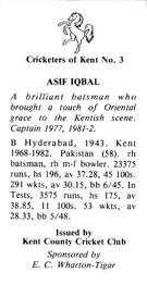 1986 Kent County Cricket Club Cricketers #3 Asif Iqbal Back