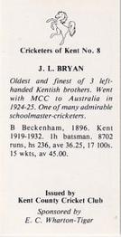 1986 Kent County Cricket Club Cricketers #8 Jack Bryan Back