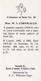 1986 Kent County Cricket Club Cricketers #10 Wykeham Cornwallis Back