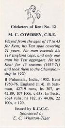 1986 Kent County Cricket Club Cricketers #12 Colin Cowdrey Back