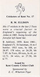 1986 Kent County Cricket Club Cricketers #17 Richard Ellison Back